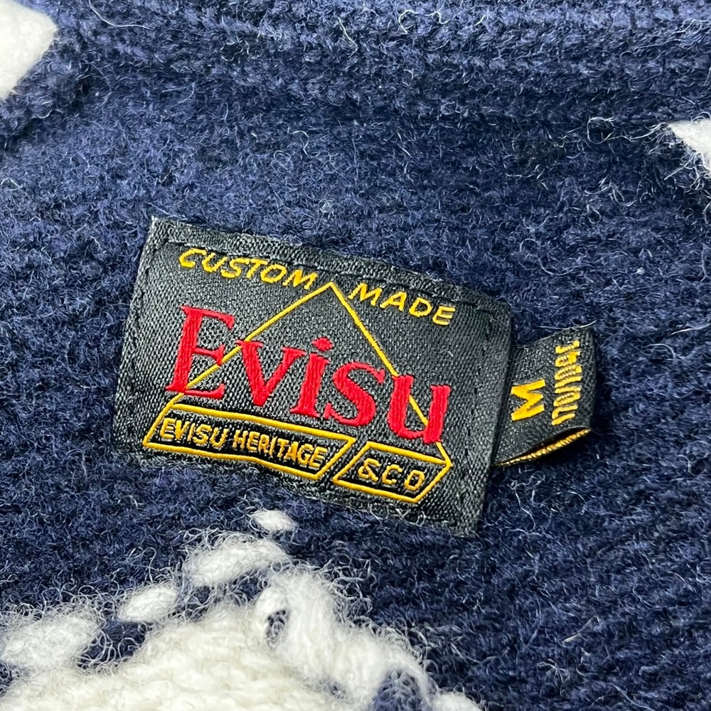 Evisu Heritage Wool Blend Cowichan Full Zip Sweater Navy White Mens Medium - Picture 6 of 8